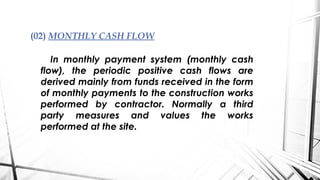 In monthly payment system (monthly cash
flow), the periodic positive cash flows are
derived mainly from funds received in the form
of monthly payments to the construction works
performed by contractor. Normally a third
party measures and values the works
performed at the site.
(02) MONTHLY CASH FLOW
 