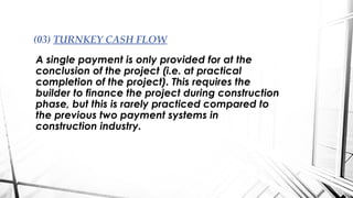 A single payment is only provided for at the
conclusion of the project (i.e. at practical
completion of the project). This requires the
builder to finance the project during construction
phase, but this is rarely practiced compared to
the previous two payment systems in
construction industry.
(03) TURNKEY CASH FLOW
 