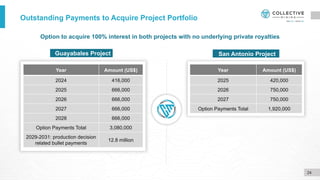 Outstanding Payments to Acquire Project Portfolio
Option to acquire 100% interest in both projects with no underlying private royalties
Guayabales Project San Antonio Project
24
Year Amount (US$)
2024 416,000
2025 666,000
2026 666,000
2027 666,000
2028 666,000
Option Payments Total 3,080,000
2029-2031: production decision
related bullet payments
12.8 million
Year Amount (US$)
2025 420,000
2026 750,000
2027 750,000
Option Payments Total 1,920,000
 