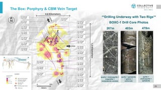 The Box: Porphyry & CBM Vein Target
BOXC-1 Drill Core Photos
478m
403m
267m
25
pyrite + sphalerite
+ galena +
carbonate
quartz + chalcopyrite +
magnetite +
molybdenite veinlets
pyrite +
chalcopyrite +
sphalerite
**Drilling Underway with Two Rigs**
 