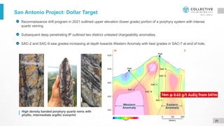 San Antonio Project: Dollar Target
Reconnaissance drill program in 2021 outlined upper elevation (lower grade) portion of a porphyry system with intense
quartz veining.
Subsequent deep penetrating IP outlined two distinct untested chargeability anomalies.
SAC-2 and SAC-9 saw grades increasing at depth towards Western Anomaly with best grades in SAC-7 at end of hole.
High density banded porphyry quartz veins with
phyllic, intermediate argillic overprint
29
 