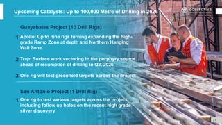 Guayabales Project (10 Drill Rigs)
Apollo: Up to nine rigs turning expanding the high-
grade Ramp Zone at depth and Northern Hanging
Wall Zone.
Trap: Surface work vectoring to the porphyry source
ahead of resumption of drilling in Q2, 2026
One rig will test greenfield targets across the project
San Antonio Project (1 Drill Rig)
One rig to test various targets across the project
including follow up holes on the recent high grade
silver discovery
1
2
3
21
Upcoming Catalysts: Up to 100,000 Metre of Drilling in 2026
1
 