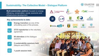 Sustainability: The Collective Model – Dialogue Platform
22
Multi-stakeholder platform focused on energy
efficiency, conservation, social, economic and
infrastructure development.
27/33 signatories to the voluntary
agreement.
80 attendees at the dialogue
sessions.
2 sustainability sessions held
(Mayors and CHEC).
1 youth session held.
Energy transition as one of the
articulating axes of the process.
Key achievements to date:
 