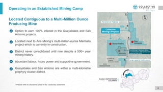 Located Contiguous to a Multi-Million Ounce
Producing Mine
Option to earn 100% interest in the Guayabales and San
Antonio projects.
Located next to Aris Mining’s multi-million-ounce Marmato
project which is currently in construction.
District never consolidated until now despite a 500+ year
mining history.
Abundant labour, hydro power and supportive government.
Guayabales and San Antonio are within a multi-kilometre
porphyry cluster district.
Operating in an Established Mining Camp
8
**Please refer to disclaimer slide #2 for cautionary statement.
 