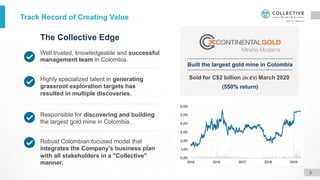 Well trusted, knowledgeable and successful
management team in Colombia.
The Collective Edge
Robust Colombian focused model that
integrates the Company's business plan
with all stakeholders in a "Collective"
manner.
Responsible for discovering and building
the largest gold mine in Colombia.
Highly specialized talent in generating
grassroot exploration targets has
resulted in multiple discoveries.
Sold for C$2 billion (in EV) March 2020
(550% return)
Built the largest gold mine in Colombia
Track Record of Creating Value
3
 