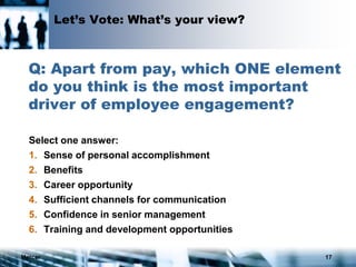 Mercer 17
Let’s Vote: What’s your view?
Q: Apart from pay, which ONE element
do you think is the most important
driver of employee engagement?
Select one answer:
1. Sense of personal accomplishment
2. Benefits
3. Career opportunity
4. Sufficient channels for communication
5. Confidence in senior management
6. Training and development opportunities
 