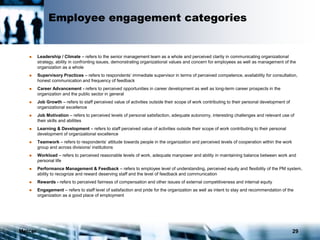 Mercer 29
Employee engagement categories
 Leadership / Climate – refers to the senior management team as a whole and perceived clarity in communicating organizational
strategy, ability in confronting issues, demonstrating organizational values and concern for employees as well as management of the
organization as a whole
 Supervisory Practices – refers to respondents’ immediate supervisor in terms of perceived competence, availability for consultation,
honest communication and frequency of feedback
 Career Advancement - refers to perceived opportunities in career development as well as long-term career prospects in the
organization and the public sector in general
 Job Growth – refers to staff perceived value of activities outside their scope of work contributing to their personal development of
organizational excellence
 Job Motivation – refers to perceived levels of personal satisfaction, adequate autonomy, interesting challenges and relevant use of
their skills and abilities
 Learning & Development – refers to staff perceived value of activities outside their scope of work contributing to their personal
development of organizational excellence
 Teamwork – refers to respondents’ attitude towards people in the organization and perceived levels of cooperation within the work
group and across divisions/ institutions
 Workload – refers to perceived reasonable levels of work, adequate manpower and ability in maintaining balance between work and
personal life
 Performance Management & Feedback – refers to employee level of understanding, perceived equity and flexibility of the PM system,
ability to recognize and reward deserving staff and the level of feedback and communication
 Rewards - refers to perceived fairness of compensation and other issues of external competitiveness and internal equity
 Engagement – refers to staff level of satisfaction and pride for the organization as well as intent to stay and recommendation of the
organization as a good place of employment
 