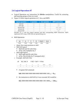 CMPS290 Class Notes (Chap02) Page 11 / 45 by Kuo-pao Yang
2.6 Logical Operations 87
 Logical Operations are instructions for bitwise manipulation. Useful for extracting
and inserting groups of bits in a word
 Figure 2.8 show logical operations in C, Java, and MIPS
FIGURE 2.8 C and Java logical operators and their corresponding MIPS instructions. MIPS
implements NOT using a NOR with one operand being zero.
 Shift Operations
o shamt: how many positions to shift
o Shift left logical
 Shift left and fill with 0 bits
 sll by i bits multiplies by 2i
o Shift right logical
 Shift right and fill with 0 bits
 srl by i bits divides by 2i
(unsigned only)
o Example: shift left 4 bits
sll $t2, $s0, 4 # $t2 = $s0 << 4 bits
 if register $s0 contained:
$s0: 0000 0000 0000 0000 0000 0000 0000 1001two = 9two
 the instruction to shift left by 4 was executed, $t2 would be:
$t2: 0000 0000 0000 0000 0000 0000 1001 0000two = 144two
 