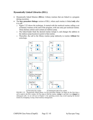 CMPS290 Class Notes (Chap02) Page 32 / 45 by Kuo-pao Yang
Dynamically Linked Libraries (DLL)
 Dynamically linked libraries (DLLs): Library routines that are linked to a program
during execution.
 The lazy procedure linkage version of DLL, where each routine is linked only after
it is call.
o Figure 2.22 shows the technique. It started with the nonlocal routine calling a set
of dummy routines at the end of the program, with one entry per nonlocal routine.
These dummy entries each contain an indirect jump.
o The linker/loader finds the desired routine remaps it, and changes the address in
the indirect jump location to point to that routine.
o Thereafter, the call to the library routine jump indirectly to routine without the
extra hops.
FIGURE 2.22 Dynamically linked library via lazy procedure linkage. (a) Steps for the first time a
call is made to the DLL routine. (b) The steps to find the routine, remap it, and link it are skipped on
subsequent calls. As we will see in Chapter 5, the operating system may avoid copying the desired
routine by remapping it using virtual memory management.
 