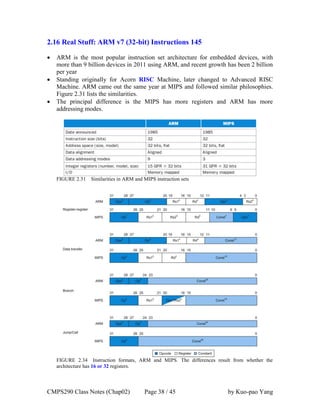 CMPS290 Class Notes (Chap02) Page 38 / 45 by Kuo-pao Yang
2.16 Real Stuff: ARM v7 (32-bit) Instructions 145
 ARM is the most popular instruction set architecture for embedded devices, with
more than 9 billion devices in 2011 using ARM, and recent growth has been 2 billion
per year
 Standing originally for Acorn RISC Machine, later changed to Advanced RISC
Machine. ARM came out the same year at MIPS and followed similar philosophies.
Figure 2.31 lists the similarities.
 The principal difference is the MIPS has more registers and ARM has more
addressing modes.
FIGURE 2.31 Similarities in ARM and MIPS instruction sets
FIGURE 2.34 Instruction formats, ARM and MIPS. The differences result from whether the
architecture has 16 or 32 registers.
 