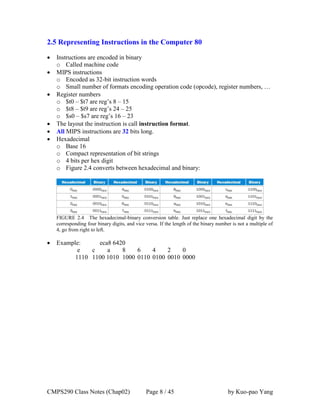 CMPS290 Class Notes (Chap02) Page 8 / 45 by Kuo-pao Yang
2.5 Representing Instructions in the Computer 80
 Instructions are encoded in binary
o Called machine code
 MIPS instructions
o Encoded as 32-bit instruction words
o Small number of formats encoding operation code (opcode), register numbers, …
 Register numbers
o $t0 – $t7 are reg’s 8 – 15
o $t8 – $t9 are reg’s 24 – 25
o $s0 – $s7 are reg’s 16 – 23
 The layout the instruction is call instruction format.
 All MIPS instructions are 32 bits long.
 Hexadecimal
o Base 16
o Compact representation of bit strings
o 4 bits per hex digit
o Figure 2.4 converts between hexadecimal and binary:
FIGURE 2.4 The hexadecimal-binary conversion table. Just replace one hexadecimal digit by the
corresponding four binary digits, and vice versa. If the length of the binary number is not a multiple of
4, go from right to left.
 Example: eca8 6420
e c a 8 6 4 2 0
1110 1100 1010 1000 0110 0100 0010 0000
 