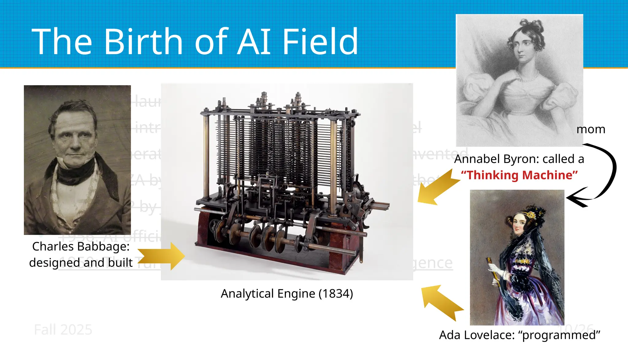 Fall 2025 10/26
The Birth of AI Field
●
2022: The launch of ChatGPT
●
2017: The introduction of the Transformer model
●
2014: Generative Adversarial networks (GANs) invented
●
1966: ELIZA by Joseph Weizenbaum, the 1st chatbot
●
1958: LISP by John McCarthy, the AI language
●
1956: AI officially established as a field of study
●
1950: The Turing Test by Alan T. A test for intelligence
Charles Babbage:
designed and built
Analytical Engine (1834)
Annabel Byron: called a
“Thinking Machine”
Ada Lovelace: “programmed”
mom
 