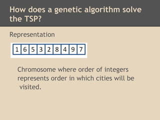 How does a genetic algorithm solve
the TSP?
Representation
 
 
 
  Chromosome where order of integers
  represents order in which cities will be
   visited.
 