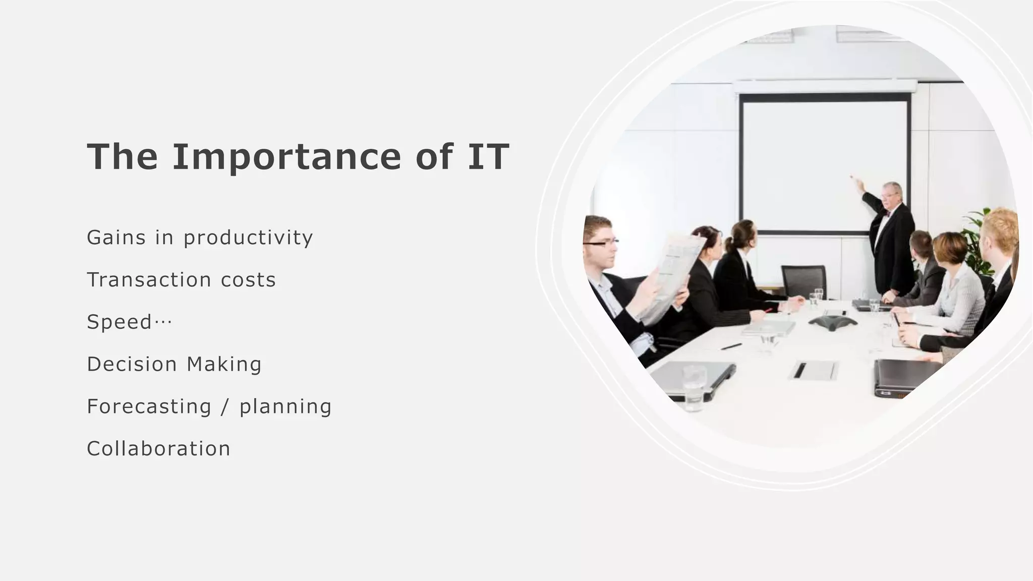 The Importance of IT
Gains in productivity
Transaction costs
Speed…
Decision Making
Forecasting / planning
Collaboration
 