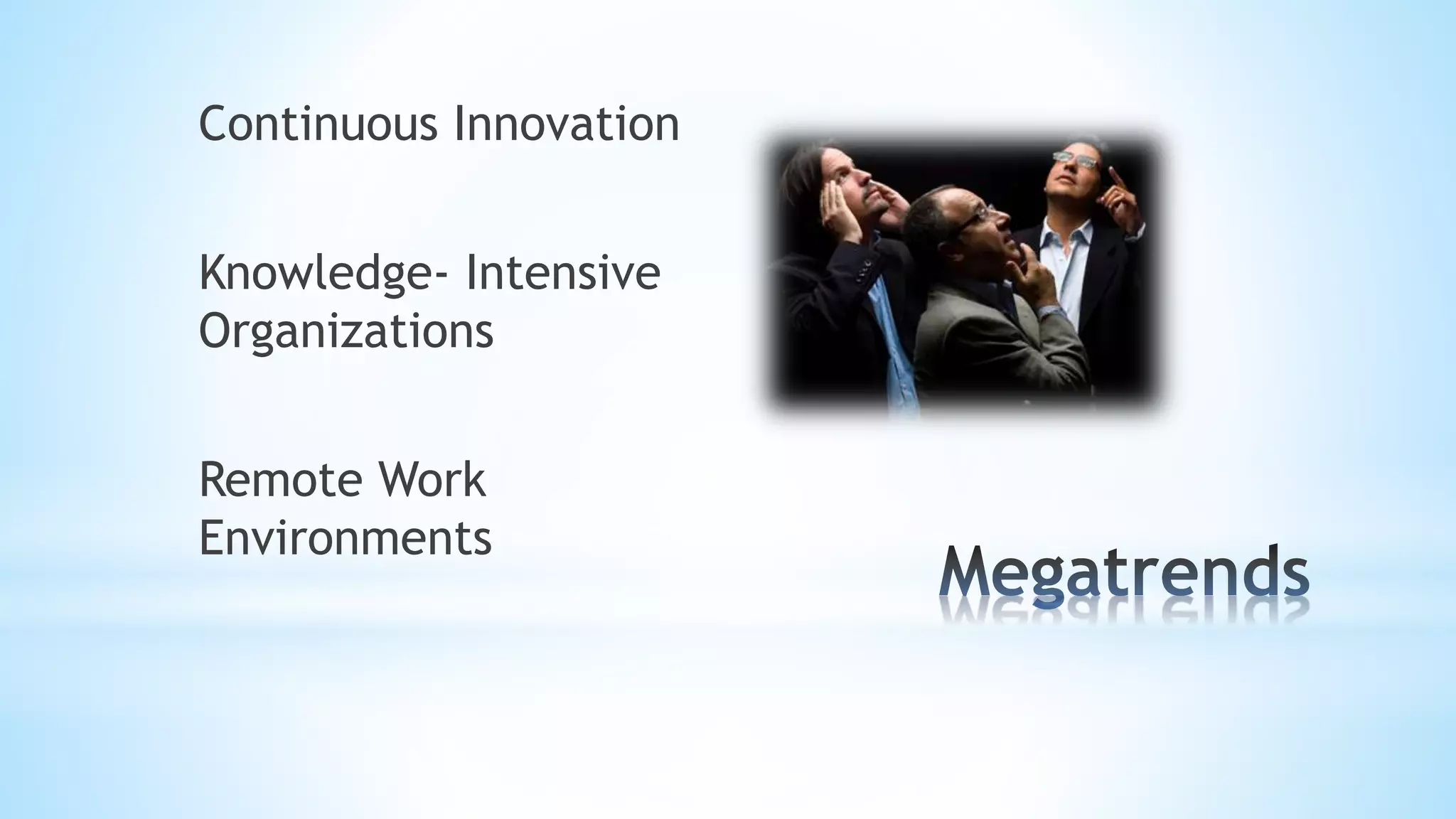 Continuous Innovation
Knowledge- Intensive
Organizations
Remote Work
Environments
 