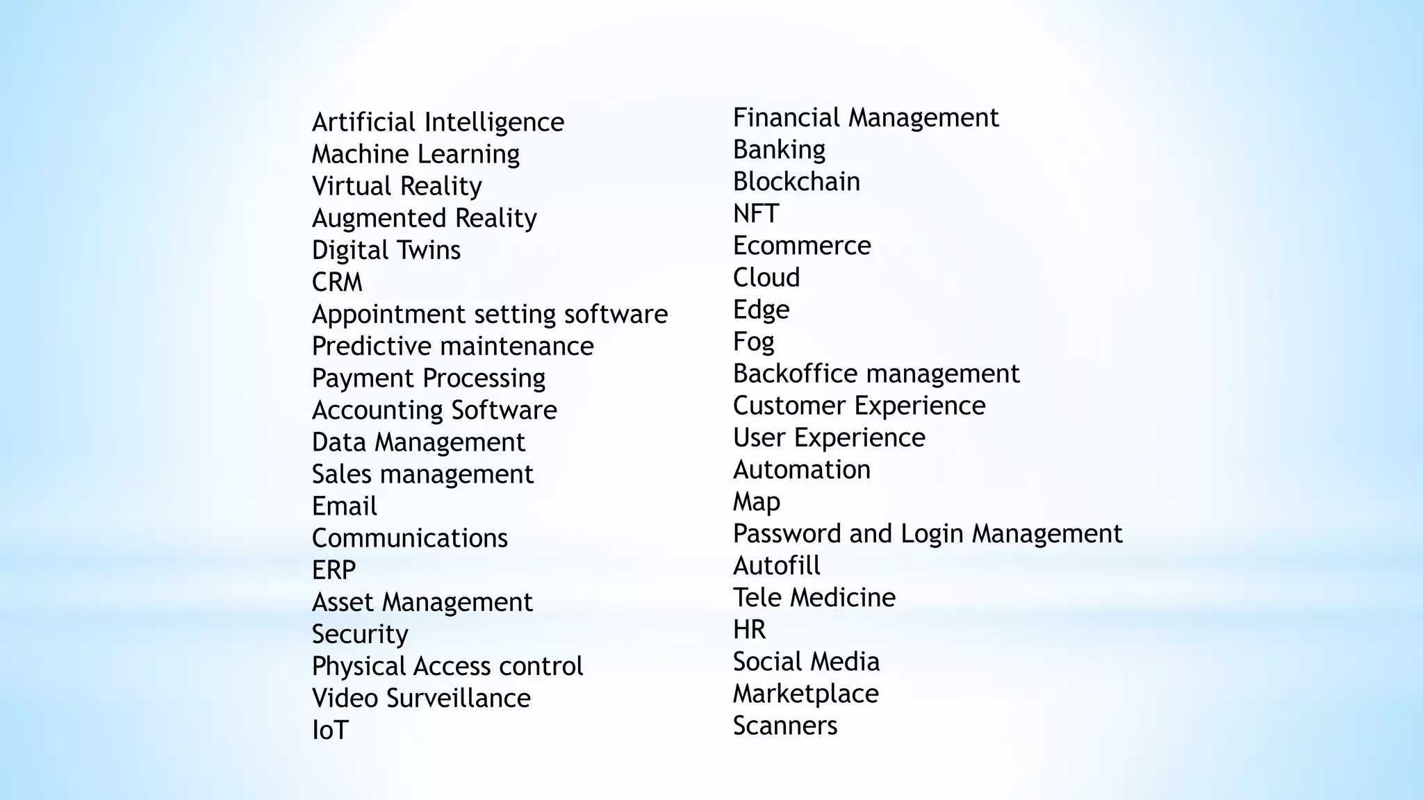 Artificial Intelligence
Machine Learning
Virtual Reality
Augmented Reality
Digital Twins
CRM
Appointment setting software
Predictive maintenance
Payment Processing
Accounting Software
Data Management
Sales management
Email
Communications
ERP
Asset Management
Security
Physical Access control
Video Surveillance
IoT
Financial Management
Banking
Blockchain
NFT
Ecommerce
Cloud
Edge
Fog
Backoffice management
Customer Experience
User Experience
Automation
Map
Password and Login Management
Autofill
Tele Medicine
HR
Social Media
Marketplace
Scanners
 
