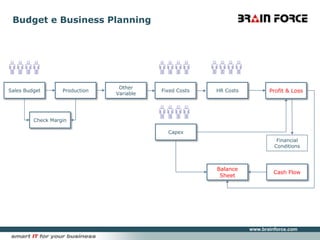 Budget e Business PlanningSales BudgetProductionOther VariableFixed CostsHR CostsProfit & LossCheck MarginCapexFinancial ConditionsCash FlowBalance Sheet