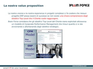 La nostra valuepropositionLa nostra visione e la nostra esperienza in progetti complessi ci fa credere che nessun progetto ERP possa essere di successo se non esiste una chiara comprensione degli obiettivi Top Level che il Cliente vuole raggiungere.Brain Force considera che gli obiettivi Top Level del Cliente siano esplicitati attraverso un modello di Corporate Performance Management che misuri quanto ci si sta avvicinando o allontanando dagli obiettivi strategici.CPMModelPlanAnalyseERPModelTransactionsProcesses