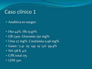 Caso clínico 1
 Analítica en sangre:


 Hto 44%. Hb 15 gr%
 GB 7300. Glucemia 250 mg%
 Urea 27 mg%. Creatinina 0,96 mg%
 Gases : 7,41 29 149 19 -3,6 99,4%
 NA 138 K 4,6
 CPK total 175
 LDH 320
 