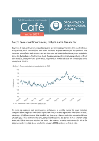 Preços do café continuam a cair, embora a uma taxa menor
Os preços do café continuaram em queda enquanto que o mercado permaneceu bem abastecido e os
estoques nos países consumidores altos como resultado de fortes exportações nos primeiros sete
meses do ano cafeeiro. Pela primeira vez em três anos, os Suaves Colombianos foram negociados
acima dos Outros Suaves. Finalmente, a Conab divulgou sua segunda estimativa de produção no Brasil
para 2017/18, onde prevê uma queda de 11,3% para 45,56 milhões de sacas em comparação com o
ano-safra de 2016/17.
Em maio, os preços do café continuaram a enfraquecer e a média mensal do preço indicativo
composto da OIC registrou uma queda significa em relação a abril, registrando uma queda de 3,8%,
passando a 125,40 centavos de dólar dos EUA por libra-peso. O preço indicativo composto diário da
OIC começou o mês relativamente forte, compensando algumas das perdas do mês anterior, tendo
alcançado 128,66 centavos no dia 8 de maio. No entanto, a maior parte dessa alta inicial foi
posteriormente revertida, já que o indicativo caiu para 124,02 centavos no final do mês.
80
90
100
110
120
130
140
150
160
UScents/lb
Gráfico 1: Preço indicativo composto diário da OIC
© 2017 International Coffee Organization (www.ico.org)
 