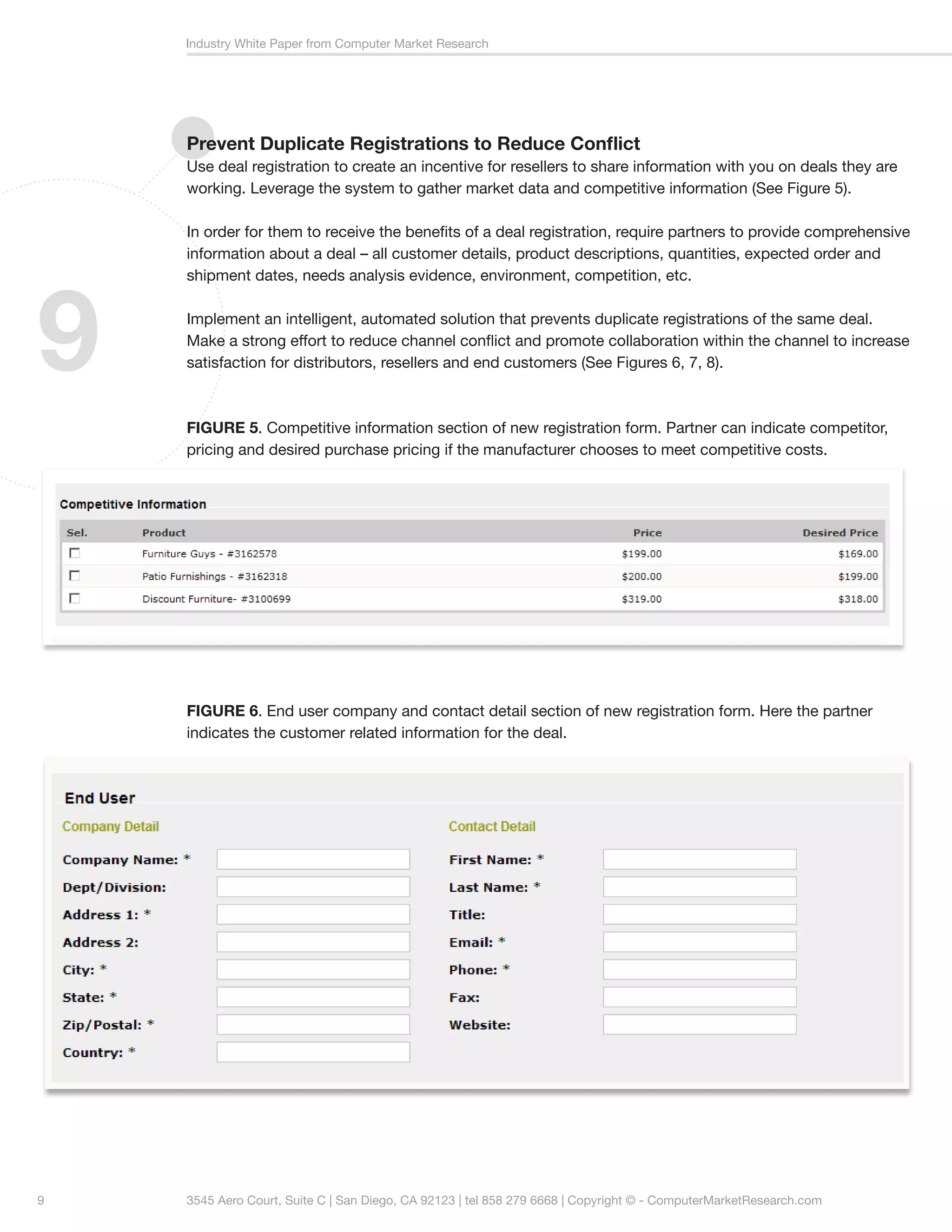 Industry White Paper from Computer Market Research




    Prevent Duplicate Registrations to Reduce Conflict
    Use deal registration to create an incentive for resellers to share information with you on deals they are
    working. Leverage the system to gather market data and competitive information (See Figure 5).

    In order for them to receive the benefits of a deal registration, require partners to provide comprehensive
    information about a deal – all customer details, product descriptions, quantities, expected order and




9
    shipment dates, needs analysis evidence, environment, competition, etc.

    Implement an intelligent, automated solution that prevents duplicate registrations of the same deal.
    Make a strong effort to reduce channel conflict and promote collaboration within the channel to increase
    satisfaction for distributors, resellers and end customers (See Figures 6, 7, 8).



    FIGURE 5. Competitive information section of new registration form. Partner can indicate competitor,
    pricing and desired purchase pricing if the manufacturer chooses to meet competitive costs.




    FIGURE 6. End user company and contact detail section of new registration form. Here the partner
    indicates the customer related information for the deal.




9   3545 Aero Court, Suite C | San Diego, CA 92123 | tel 858 279 6668 | Copyright © - ComputerMarketResearch.com
 