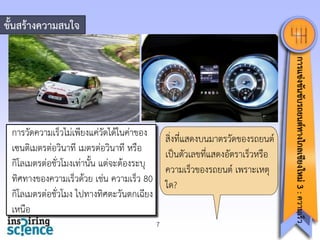 ขั้นสร้างความสนใจ

สิ่งที่แสดงบนมำตรวัดของรถยนต์
เป็นตัวเลขที่แสดงอัตรำเร็วหรือ
ควำมเร็วของรถยนต์ เพรำะเหตุ
ใด?
7

การแข่งขันขับรถยนต์ทางไกลเชียงใหม่ 3 : ความเร็ว

กำรวัดควำมเร็วไม่เพียงแค่วัดได้ในค่ำของ
เซนติเมตรต่อวินำที เมตรต่อวินำที หรือ
กิโลเมตรต่อชั่วโมงเท่ำนั้น แต่จะต้องระบุ
ทิศทำงของควำมเร็วด้วย เช่น ควำมเร็ว 80
กิโลเมตรต่อชั่วโมง ไปทำงทิศตะวันตกเฉียง
เหนือ

 