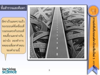 ขั้นสารวจและค้นหา

8

การแข่งขันขับรถยนต์ทางไกลเชียงใหม่ 3 : ความเร็ว

อัตรำเร็วและควำมเร็ว
ของรถยนต์ที่เคลื่อนที่
บนถนนตรงกับถนนที่
คดเคี้ยวแตกต่ำงกัน
อย่ำงไร ลองทำกำร
ทดลองเพื่อหำคำตอบ
ของคำถำมนี้

 