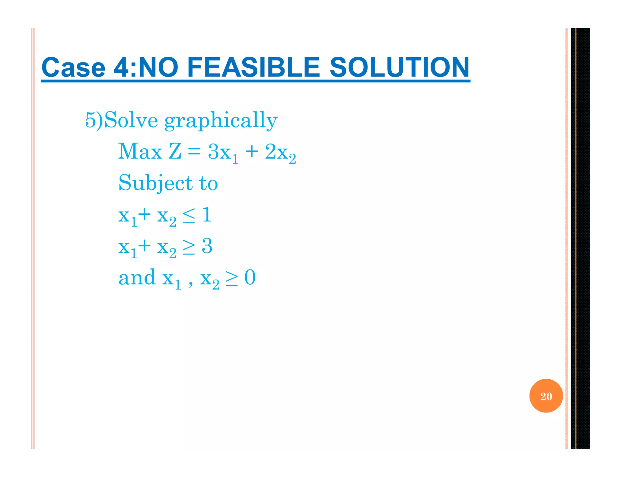 20
5)Solve graphically
Max Z = 3x1 + 2x2
Subject to
x1+ x2 ≤ 1
x1+ x2 ≥ 3
and x1 , x2 ≥ 0
Case 4:NO FEASIBLE SOLUTION
 