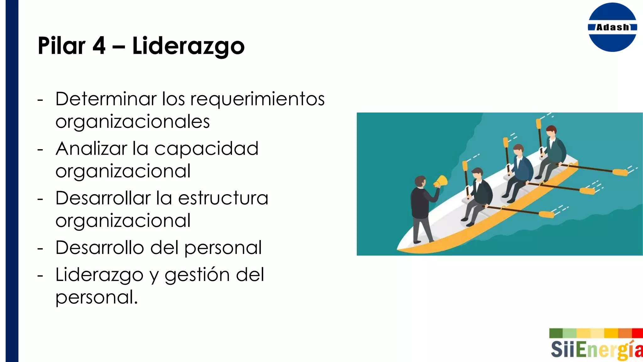 Pilar 4 – Liderazgo
- Determinar los requerimientos
organizacionales
- Analizar la capacidad
organizacional
- Desarrollar la estructura
organizacional
- Desarrollo del personal
- Liderazgo y gestión del
personal.
 