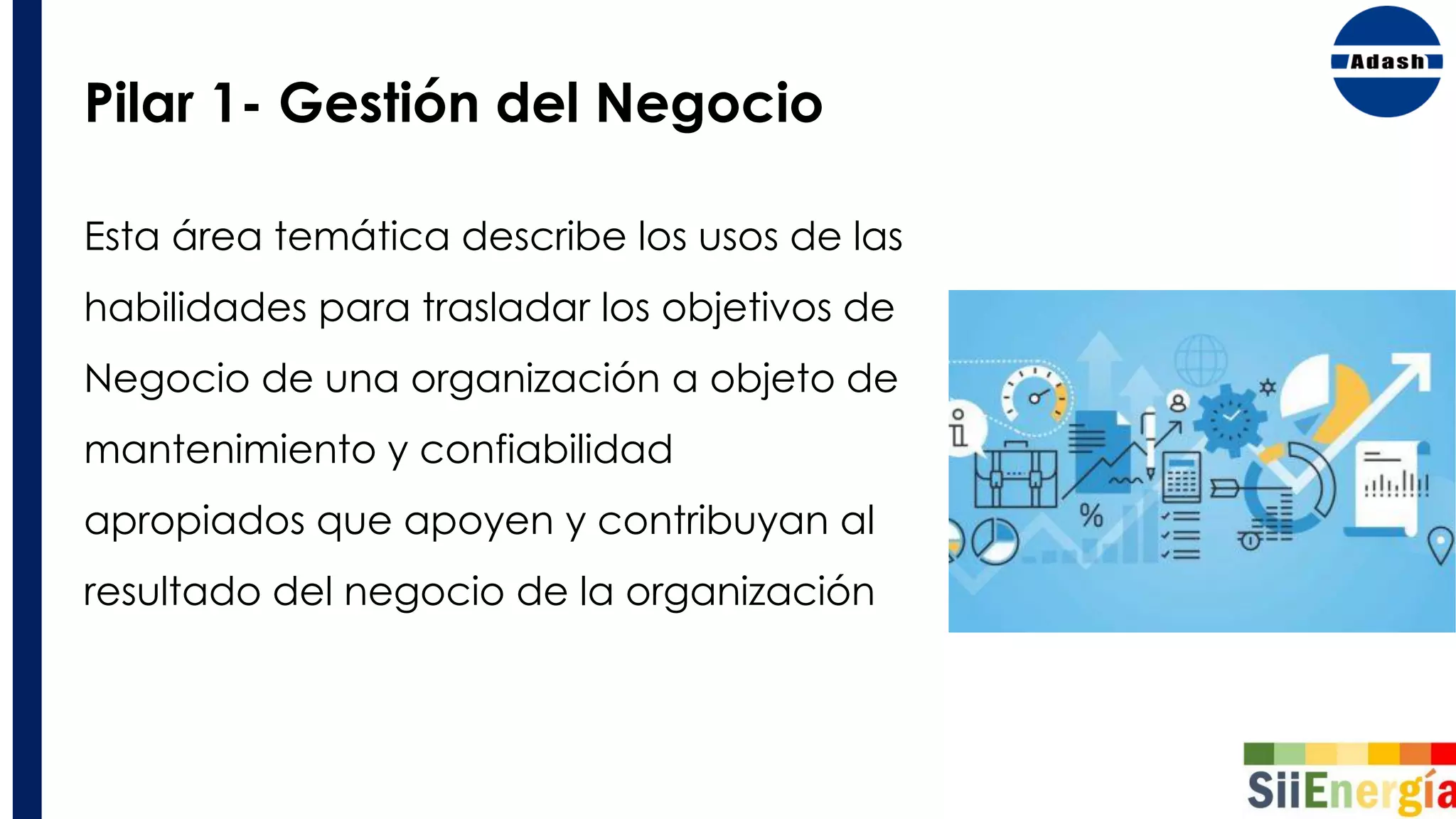 Pilar 1- Gestión del Negocio
Esta área temática describe los usos de las
habilidades para trasladar los objetivos de
Negocio de una organización a objeto de
mantenimiento y confiabilidad
apropiados que apoyen y contribuyan al
resultado del negocio de la organización
 