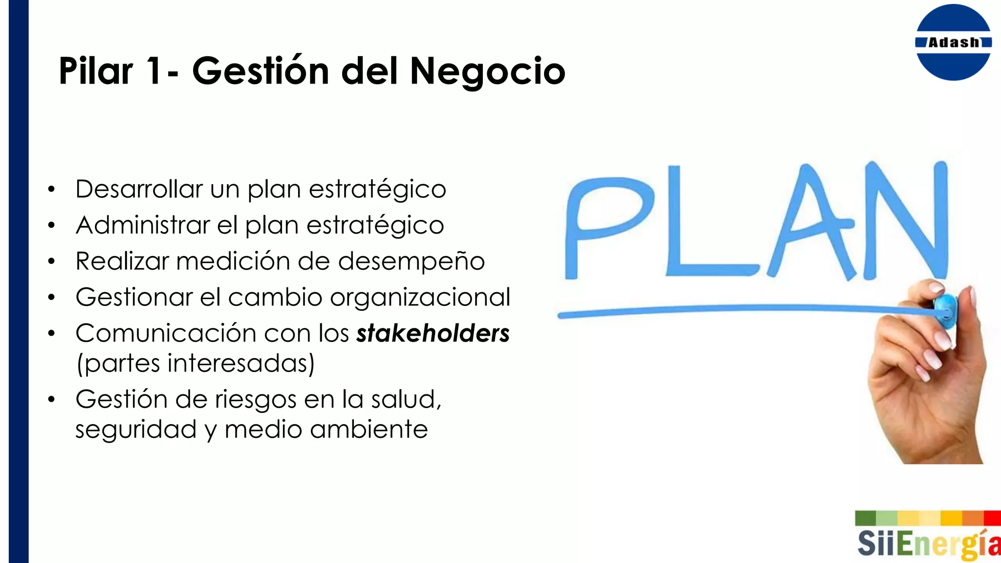 Pilar 1- Gestión del Negocio
• Desarrollar un plan estratégico
• Administrar el plan estratégico
• Realizar medición de desempeño
• Gestionar el cambio organizacional
• Comunicación con los stakeholders
(partes interesadas)
• Gestión de riesgos en la salud,
seguridad y medio ambiente
 