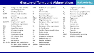 Glossary of Terms and Abbreviations
ADC Analogue-to-digital convertor
B0 External magnetic field
B1 Radiofrequency field
bSSFP Balanced steady-state free
precession
CHESS Chemical shift selective fat
suppression
CSPAMM Complementary spatial
modulation of magnetisation
ECG Electrocardiogram
ECV Extracellular volume
EPI Echo planar imaging
ETL Echo train length
FE Frequency encoding
FID Free induction decay
FOV Field of view
FSE Fast spin echo
GSS, GPE, GFE Magnetic field gradient in the
slice select, phase encoding and
frequency encoding direction.
GBCA Gadolinium-based contrast
agents
GE Gradient echo
IR Inversion recovery
k0 Central line of k-space
MOLLI Modified Look-Locker inversion
MR Magnetic resonance
Mxy Component of the magnetization
in the xy plane
Mz Component of the magnetization
in the z direction
NPE Number of phase-encoding steps
PD Proton density
PE Phase encoding
PPD Preparation pulse delay
R1 Relaxation rate, 1/T1
rBW Receiver bandwidth
RF Radiofrequency
ShMOLLI Shortened MOLLI
t Time
T1 Longitudinal (spin-lattice)
recovery time
T2 Transverse (spin-spin) decay time
T2* Transverse decay including B0
inhomogeneity effects
TD Trigger delay
TE Echo time
TF Turbo factor
TI Inversion time
TR Repetition time
TSE Turbo spin echo
α Flip angle
γ Gyromagnetic ratio
VENC Velocity encoding sensitivity
ω0 Resonant frequency
Back to Index
 