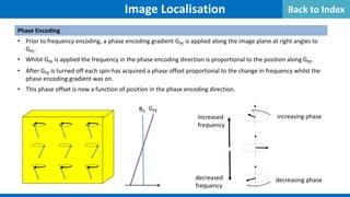 Image Localisation
Phase Encoding
• Prior to frequency encoding, a phase encoding gradient GPE is applied along the image plane at right angles to
GPE.
• Whilst GPE is applied the frequency in the phase encoding direction is proportional to the position along GPE.
• After GPE is turned off each spin has acquired a phase offset proportional to the change in frequency whilst the
phase encoding gradient was on.
• This phase offset is now a function of position in the phase encoding direction.
GPE
B0
increasing phase
increased
frequency
decreased
frequency
decreasing phase
Back to Index
 