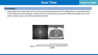 Scan Time
Full Sampling
• Acquiring the full k-space data set can be time consuming (equal to the TR multiplied by NPE). Acquisition times
can be reduced by decreasing the number of lines of k-space that are acquired. Different strategies are used to
under-sample k-space, each with associated trade-offs.
𝑆𝑆𝑆𝑆𝑆𝑆 ∝
𝑣𝑣𝑣𝑣𝑣𝑣𝑣𝑣𝑣𝑣 𝑣𝑣𝑣𝑣𝑣𝑣𝑣𝑣𝑣𝑣𝑣𝑣 𝑁𝑁𝑁𝑁. 𝑜𝑜𝑜𝑜 𝑠𝑠𝑠𝑠𝑠𝑠𝑠𝑠𝑠𝑠𝑠𝑠 𝑠𝑠𝑠𝑠𝑠𝑠𝑠𝑠𝑠𝑠𝑠𝑠𝑠𝑠
𝑟𝑟𝑟𝑟𝑟𝑟
Back to Index
 