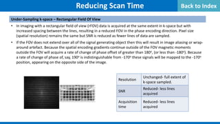 Reducing Scan Time
Under-Sampling k-space – Rectangular Field Of View
• In imaging with a rectangular field of view (rFOV) data is acquired at the same extent in k-space but with
increased spacing between the lines, resulting in a reduced FOV in the phase encoding direction. Pixel size
(spatial resolution) remains the same but SNR is reduced as fewer lines of data are sampled.
• If the FOV does not extend over all of the signal generating object then this will result in image aliasing or wrap-
around artefact. Because the spatial encoding gradients continue outside of the FOV magnetic moments
outside the FOV will acquire a rate of change of phase offset of greater than 180o, (or less than -180o). Because
a rate of change of phase of, say, 190o is indistinguishable from -170o these signals will be mapped to the -170o
position, appearing on the opposite side of the image.
Resolution
Unchanged- full extent of
k-space sampled.
SNR
Reduced- less lines
acquired
Acquisition
time
Reduced- less lines
acquired
Back to Index
 