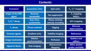 Content
Contents
Foreword
Origin of the MRI
signal
T2/T2* decay
T1 decay
Contrast agents
Image localisation
Signal to Noise
Acquisition time
Receiver
bandwidth
Scan time,
acceleration
Tissue contrast
Gradient echo
Motion
synchronisation
Cine imaging
Spin echo
Fat suppression
Phase contrast
velocity encoding
Tagging
Viability imaging
Perfusion
Relaxometry
Mapping
T2, T2* mapping
T1 mapping
MOLLI
ECV mapping
Glossary
Abbreviations
References
Authors and
editors
Other pocket
guides available
 