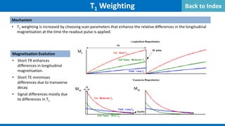 Mechanism
• T1 weighting is increased by choosing scan parameters that enhance the relative differences in the longitudinal
magnetisation at the time the readout pulse is applied.
T1 Weighting
Magnetisation Evolution
• Short TR enhances
differences in longitudinal
magnetisation.
• Short TE minimises
differences due to transverse
decay.
• Signal differences mostly due
to differences in T1.
Mxy
Mz
Mxy
Back to Index
 