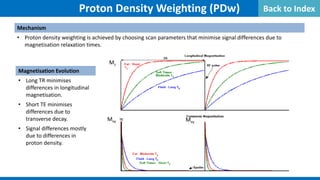 Mechanism
• Proton density weighting is achieved by choosing scan parameters that minimise signal differences due to
magnetisation relaxation times.
Proton Density Weighting (PDw)
Magnetisation Evolution
• Long TR minimises
differences in longitudinal
magnetisation.
• Short TE minimises
differences due to
transverse decay.
• Signal differences mostly
due to differences in
proton density.
Mz
Mxy Mxy
Back to Index
 