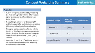 Contrast Weighting Summary
Parameters
• T2 or T2
* weighting is achieved by increasing
the TE to allow greater relative differences in
signal to arise due to different transverse
decay times.
• T1 weighting is achieved by decreasing TR
and/or increasing flip angle to increase relative
differences in longitudinal magnetisation.
• The signal is also proportional to the relative
density of signal generating protons or proton
density. A proton density weighted image can
be generated by minimising T1 and T2 or T2
*
contrast.
• Increasing T1 and T2 or T2
* weighting reduces
the signal intensity so increasing weighting
leads to a decrease in SNR.
Parameter change
Effect on
weighting
Effect on SNR
Increase TE ↑ T2 or T2
* ↓
Decrease TR ↑ T1 ↓
Increase flip angle ↑ T1 TR dependent
Back to Index
 