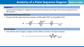 Background
• A pulse sequence diagram is a graphical representation that shows the timings of the various components of an
MR sequence.
Transmitted Radiofrequency (RF) pulses
• RF pulses with flip angle indicated (α indicates small flip angle (<90°) e.g. for gradient echo).
Received Signals
• Echo indicates when analogue-to-digital convertor (ADC) is turned on and signal is received.
Anatomy of a Pulse Sequence Diagram
time
S
90° 180°
time
RF
α
Back to Index
 
