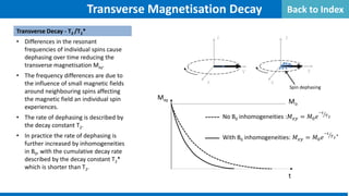 Transverse Decay - T2 /T2*
• Differences in the resonant
frequencies of individual spins cause
dephasing over time reducing the
transverse magnetisation Mxy.
• The frequency differences are due to
the influence of small magnetic fields
around neighbouring spins affecting
the magnetic field an individual spin
experiences.
• The rate of dephasing is described by
the decay constant T2.
• In practice the rate of dephasing is
further increased by inhomogeneities
in B0, with the cumulative decay rate
described by the decay constant T2*
which is shorter than T2.
Transverse Magnetisation Decay
y
z
y
x x
Mxy
No B0 inhomogeneities :𝑀𝑀𝑥𝑥𝑥𝑥 = 𝑀𝑀0𝑒𝑒
−𝑡𝑡
𝑇𝑇2
�
With B0 inhomogeneities: 𝑀𝑀𝑥𝑥𝑥𝑥 = 𝑀𝑀0𝑒𝑒
−𝑡𝑡
𝑇𝑇2
� *
t
z
Mo
Spin dephasing
Back to Index
 