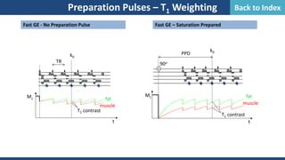 Fast GE - No Preparation Pulse Fast GE – Saturation Prepared
Preparation Pulses – T1 Weighting
k0
Mz
t
muscle
fat
T1 contrast
90o
PPD
k0
Mz
t
muscle
fat
T1 contrast
TR
Back to Index
 