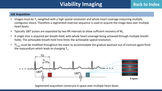 LGE Acquisition
• Images must be T1-weighted with a high spatial resolution and whole heart coverage (requiring multiple
contiguous slices). Therefore a segmented read-out sequence is used to acquire the image data over multiple
heart beats.
• Typically 180° pulses are separated by two RR intervals to allow sufficient recovery of Mz.
• A single slice is acquired per breath-hold, with whole heart coverage being achieved through multiple breath-
holds. The achievable breath-hold time limits the achievable spatial resolution.
• TImyo must be modified throughout the exam to accommodate the gradual washout out of contrast agent from
the myocardium which leads to changing T1.
Viability Imaging
TImyo
TD
Segmented acquisition constructs k-space over multiple heart beats
180° 180°
K-space
Back to Index
 