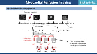 Myocardial Perfusion Imaging Method
Myocardial Perfusion Imaging
Saturation
Prep Pulse
Slice 1 Slice 2 Slice 3
ECG
RR-interval
PPD PPD PPD
TD1 TD2 TD3
Contrast injection
Basal Mid Apical
Fast/Turbo GE, bSSFP
or Hybrid/Segmented
EPI imaging sequence
90° 90° 90°
Back to Index
 