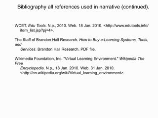 Bibliography all references used in narrative (continued).


WCET. Edu Tools. N.p., 2010. Web. 18 Jan. 2010. <http://www.edutools.info/
  item_list.jsp?pj=4>.

The Staff of Brandon Hall Research. How to Buy e-Learning Systems, Tools,
and
  Services. Brandon Hall Research. PDF file.

Wikimedia Foundation, Inc. "Virtual Learning Environment." Wikipedia The
Free
   Encyclopedia. N.p., 18 Jan. 2010. Web. 31 Jan. 2010.
   <http://en.wikipedia.org/wiki/Virtual_learning_environment>.
 