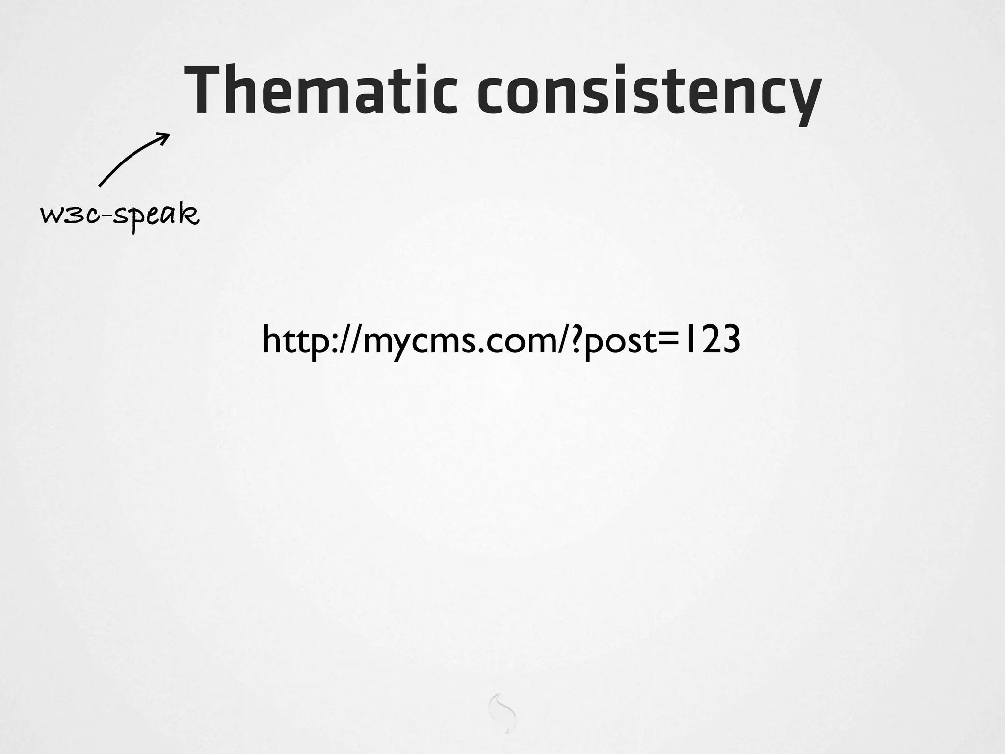Thematic consistency
w3c-speak


            http://mycms.com/?post=123
 