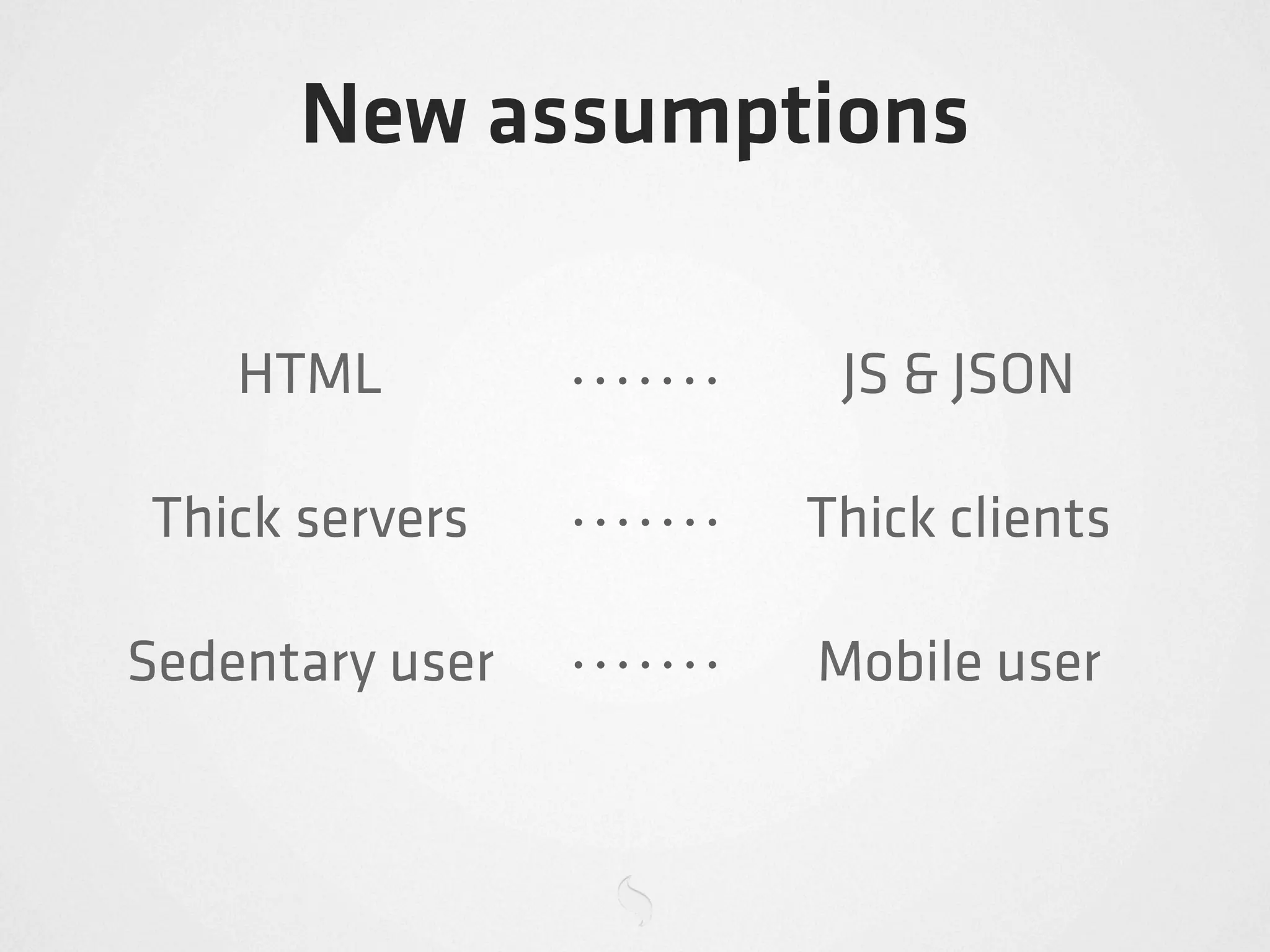 New assumptions

    HTML          JS & JSON

Thick servers    Thick clients

Sedentary user   Mobile user
 