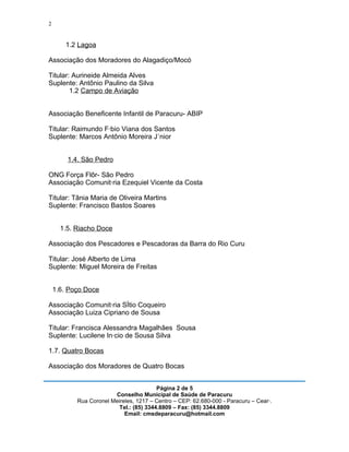 2


       1.2 Lagoa

Associação dos Moradores do Alagadiço/Mocó

Titular: Aurineide Almeida Alves
Suplente: Antônio Paulino da Silva
        1.2 Campo de Aviação


Associação Beneficente Infantil de Paracuru- ABIP

Titular: Raimundo Fábio Viana dos Santos
Suplente: Marcos Antônio Moreira Júnior


        1.4. São Pedro

ONG Força Flôr- São Pedro
Associação Comunitária Ezequiel Vicente da Costa

Titular: Tânia Maria de Oliveira Martins
Suplente: Francisco Bastos Soares


      1.5. Riacho Doce

Associação dos Pescadores e Pescadoras da Barra do Rio Curu

Titular: José Alberto de Lima
Suplente: Miguel Moreira de Freitas


    1.6. Poço Doce

Associação Comunitária Sítio Coqueiro
Associação Luiza Cipriano de Sousa

Titular: Francisca Alessandra Magalhães Sousa
Suplente: Lucilene Inácio de Sousa Silva

1.7. Quatro Bocas

Associação dos Moradores de Quatro Bocas


                                         Página 2 de 5
                        Conselho Municipal de Saúde de Paracuru
           Rua Coronel Meireles, 1217 – Centro – CEP: 62.680-000 - Paracuru – Ceará.
                          Tel.: (85) 3344.8809 – Fax: (85) 3344.8809
                            Email: cmsdeparacuru@hotmail.com
 