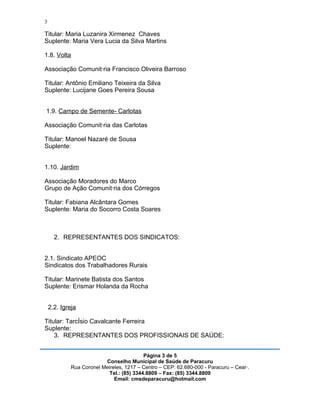 3

Titular: Maria Luzanira Xirmenez Chaves
Suplente: Maria Vera Lucia da Silva Martins

1.8. Volta

Associação Comunitária Francisco Oliveira Barroso

Titular: Antônio Emiliano Teixeira da Silva
Suplente: Lucijane Goes Pereira Sousa


1.9. Campo de Semente- Carlotas

Associação Comunitária das Carlotas

Titular: Manoel Nazaré de Sousa
Suplente:


1.10. Jardim

Associação Moradores do Marco
Grupo de Ação Comunitária dos Córregos

Titular: Fabiana Alcântara Gomes
Suplente: Maria do Socorro Costa Soares



      2. REPRESENTANTES DOS SINDICATOS:


2.1. Sindicato APEOC
Sindicatos dos Trabalhadores Rurais

Titular: Marinete Batista dos Santos
Suplente: Erismar Holanda da Rocha


    2.2. Igreja

Titular: Tarcísio Cavalcante Ferreira
Suplente:
    3. REPRESENTANTES DOS PROFISSIONAIS DE SAÚDE:


                                           Página 3 de 5
                          Conselho Municipal de Saúde de Paracuru
             Rua Coronel Meireles, 1217 – Centro – CEP: 62.680-000 - Paracuru – Ceará.
                            Tel.: (85) 3344.8809 – Fax: (85) 3344.8809
                              Email: cmsdeparacuru@hotmail.com
 