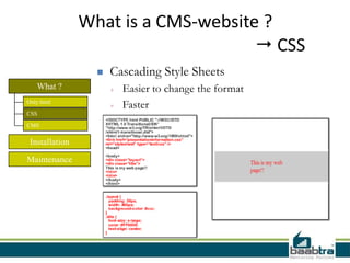 What is a CMS-website ?
                                      CSS
                     Cascading Style Sheets
   What ?             +   Easier to change the format
Only html
                      +   Faster
CSS

CMS

 Installation

Maintenance
 